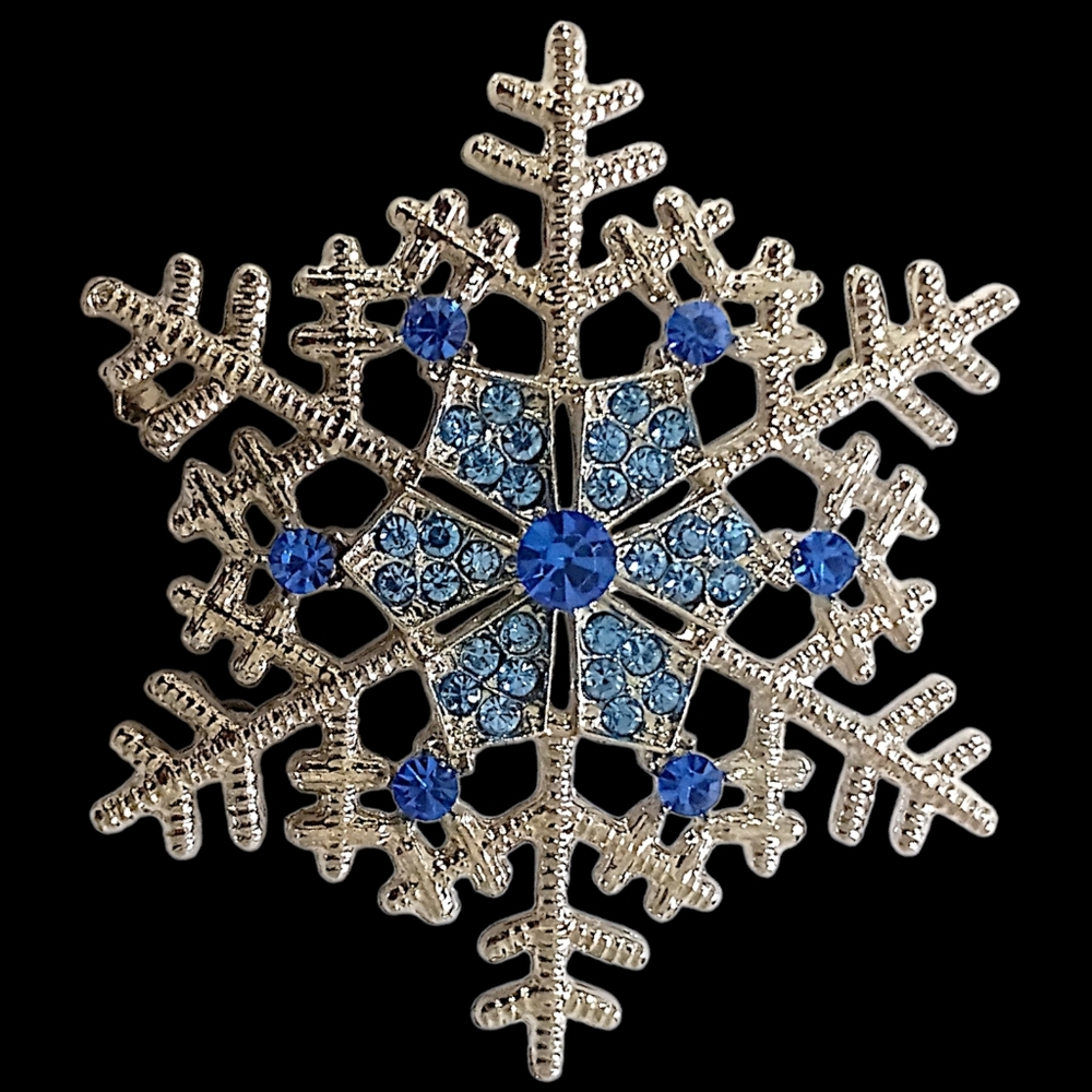 Icy Snowflake Pin Brooch Pendant Star Blue Rhinestone Crystal Winter Silver Tone - Picture 8 of 16